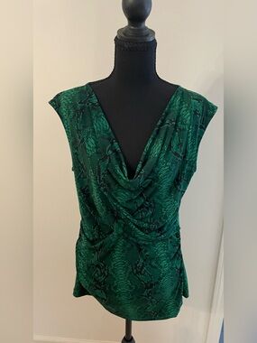 Vince Camuto Emerald Green Y2K Stretchy Snake-Print Draped Neck Top Fitted Large